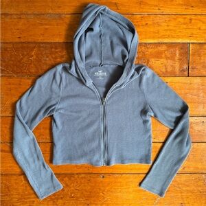 Dusty Blue Waffle Knit Cropped Hollister Zip Up Hoodie